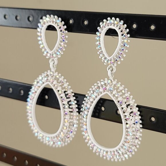 Earrings Double Teardrop White Aurora Borealis Crystal Earrings #0062 - Picture 5 of 13